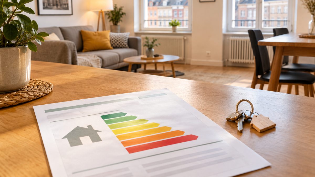 Étiquette énergie d'un DPE posée sur la table d'un appartement meublé lumineux, avec trousseau de clés et vue sur un beffroi des Hauts-de-France